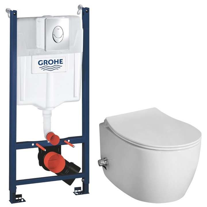 Set 2 in 1 Toaleta cu bideu Isvea Sentimenti Neo VORTEX, Grohe, capacitate 9 L, capac soft and slim, clapeta crom lucios