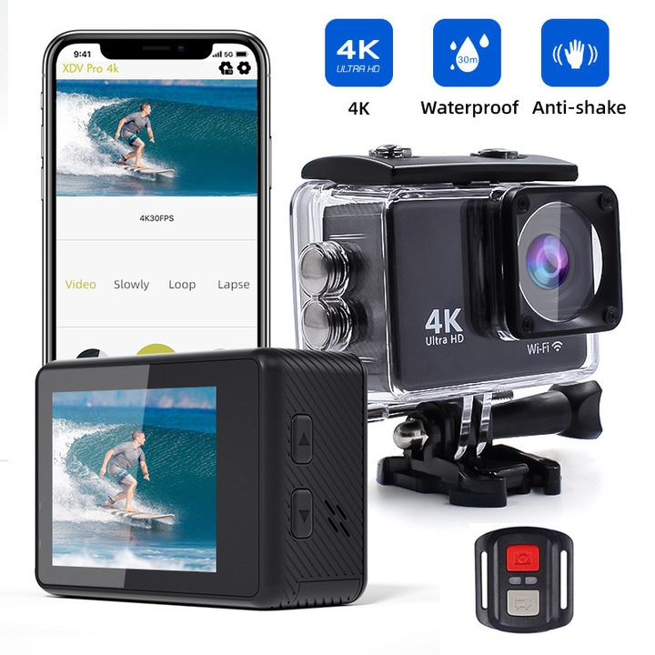 Camera de actiune Multifunctionala, Garsonal®, 4K 60FPS, Foto 24 MP, unghi ultra-larg 170°, rezistenta la apa 30m, Negru