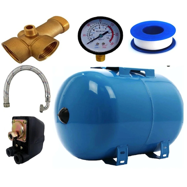 Kit accesorii hidrofor, vas expansiune 50L Heber®, otel, presostat, IP44, membrana interschimbabila, sisteme autoclave, manometru, racord 5 cai bronz, furtun racord inox cu cot, Albastru
