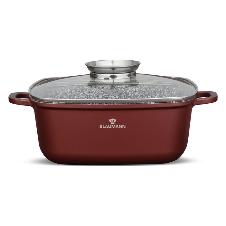 Cratita roaster patrata cu capac, aluminiu turnat, dimensiune 26x10.5 cm, capacitate 5.4l, baza inductie, 3 straturi de marmura ceramica