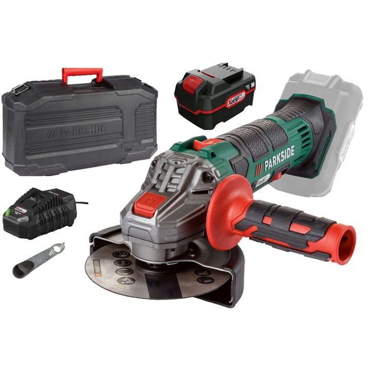 Polizor unghiular de ultima generatie Parkside, 11450 rpm, 6 trepte, M14, disc de taiere 125 mm si cheie de strangere, cutie depozitare, incarcator si acumulator 4 Ah inclus
