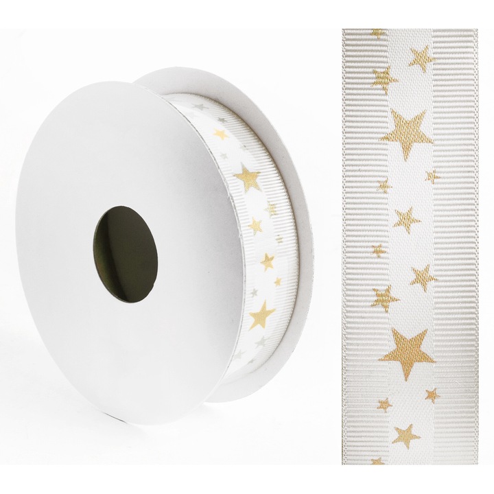 Panglica QX-IMPEX din grosgrain, stea alba, 25mm/10 metri