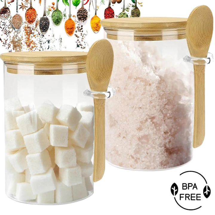 Set 2 Borcane din Sticla Elindor® cu Capac Etans, Borcan 450 ml Ideal pentru Iaurt, Sosuri, Salate, Gustari, Miere, Dulceata, Condimente, Zahar, Cafea, Capace din Bambus, Recipient Depozitare in Bucatarie, Lingurite Incluse, Transparent