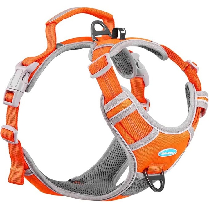 Ham Sport pentru Caini Medii si Mari, Fara Tragere, Respirabil, cu Burete, Reflectorizant, Ajustabil, cu Maner si Gaica pentru Tag GPS, Portocaliu Neon