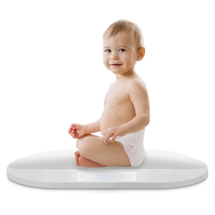 Cantar electronic pentru bebelusi idealSTORE, Functia Hold manuala, Ecran LCD mare, Forma Ergonomica, Functie tara, Tabel, Blocarea rezultatului, Precizie de masurare 5g-0,005kg, Centimetru incorporat, Sarcina 40 kg