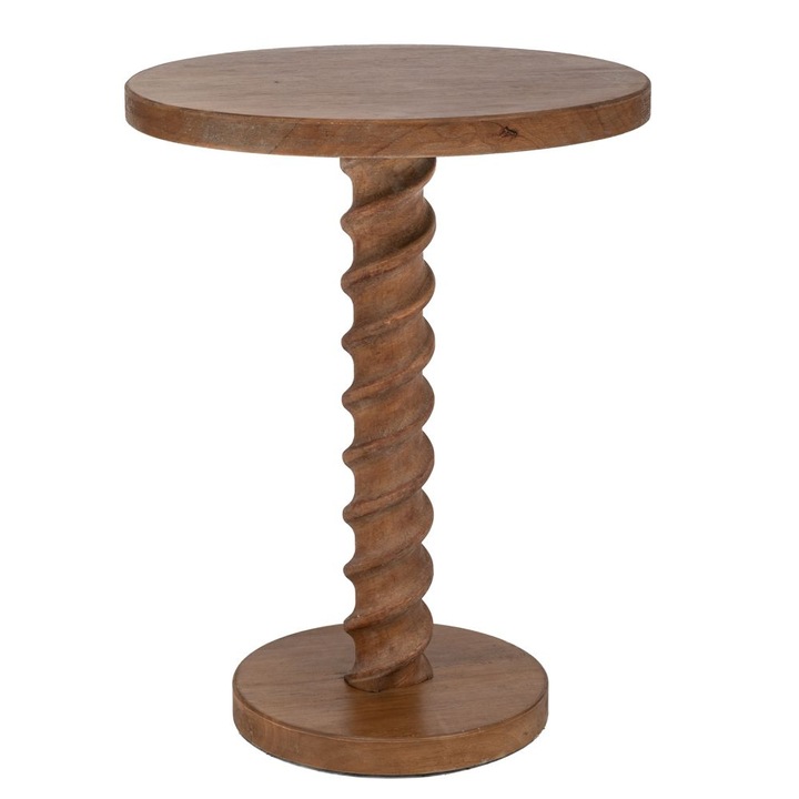 Masuta de accent din lemn masiv – blat rotund si picior spiral sculptat, finisaj rustic natural