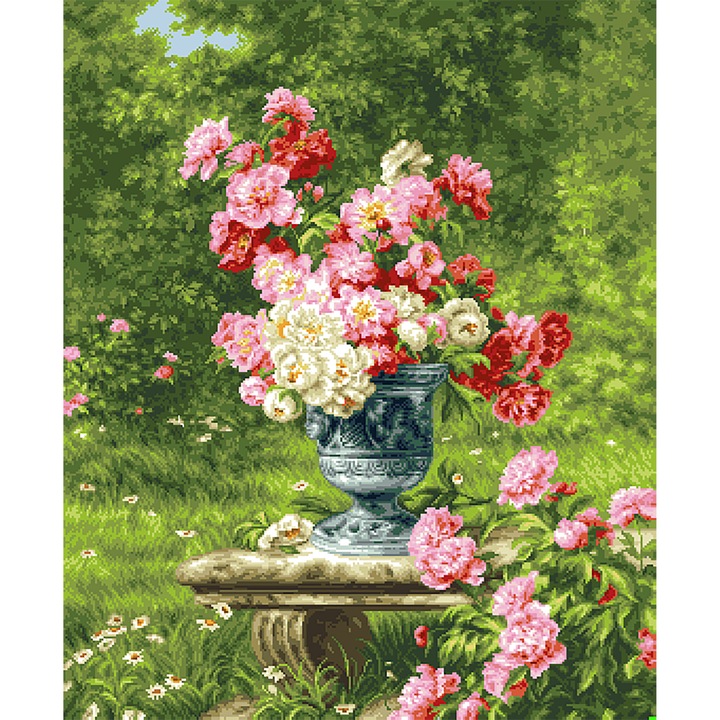 Set goblen Rogoblen Anotimpul bujorilor, diagrame alb-negru, panza bej caroiata, 28x34cm