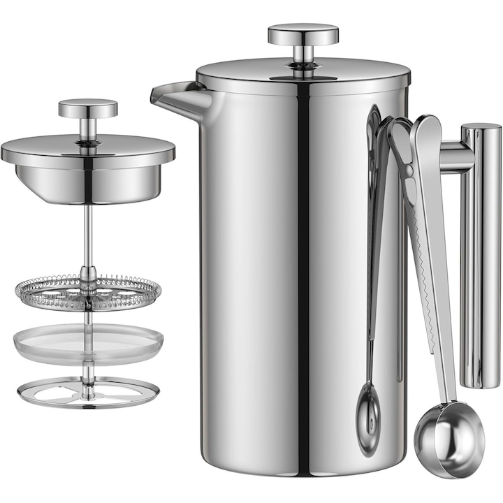 Cafetiera cu presa franceza, Capacitate 1000ml, din otel inoxidabil, cu Lingurita, Argintiu