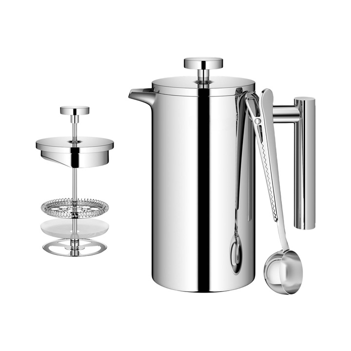 Francia Press kávéfőző, 1000 ml űrtartalom, rozsdamentes acél, kanállal, ezüst