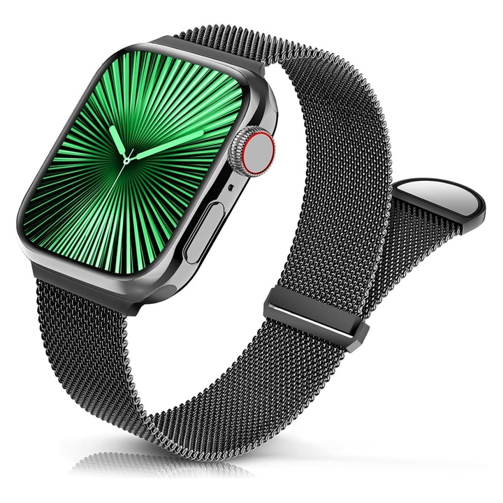 Milanese fémszíj, Axroad Mall, Apple Watch 1/2/3/SE/4/5/6/7/8 okosórákkal kompatibilis, állítható, mágneses csattal, lélegző, víz- és kopásálló, csúszásgátló és izzadságelnyelő, rozsdamentes acél, 38/40/41 mm, fekete