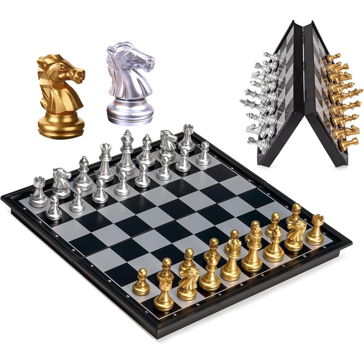 Set de sah magnetic pliabil BERYART, 25cm, multicolor, pentru 2 jucatori, ideal pentru familie si copii de 6 ani