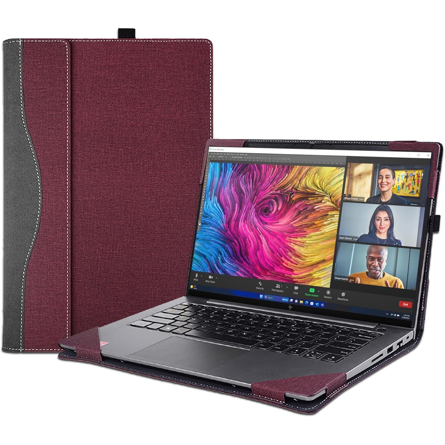 Husa pentru laptop 16 inch, rosie, design 2 in 1, din piele PU, cu ventilatie termica
