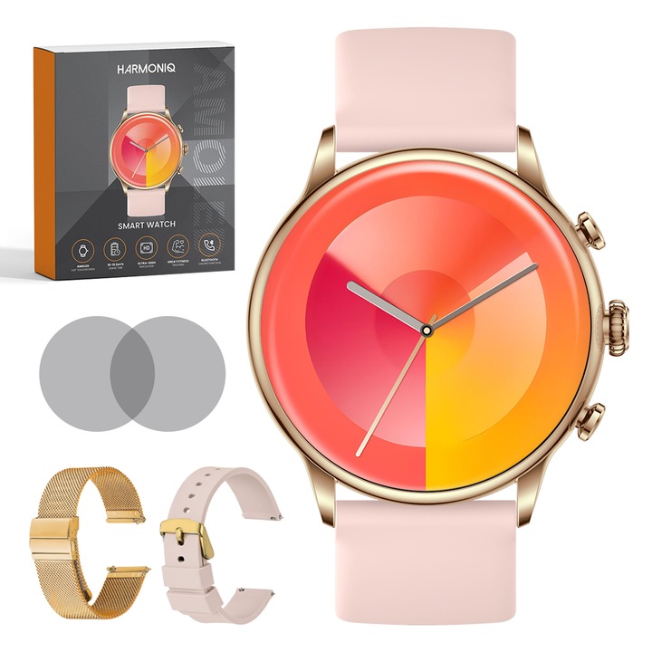 Смарт часовник Harmoniq® Smartwatch за жени, Smartwatch с 1.43" AMOLED дисплей, Часовник с Bluetooth обаждания, Пулс/SpO2, Сън/Стрес, 150+ спорта, IP67, SMART функции, Smartwatch Android/iOS, Цинкова рамка, Силиконова и метална каишка, Стилен розов