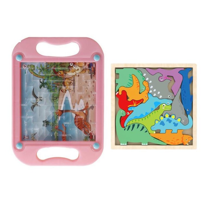 Set de jucarii educationale, blocuri de construit din lemn in forma de dinozauri, joc de labirint, 3 ani+, multicolor