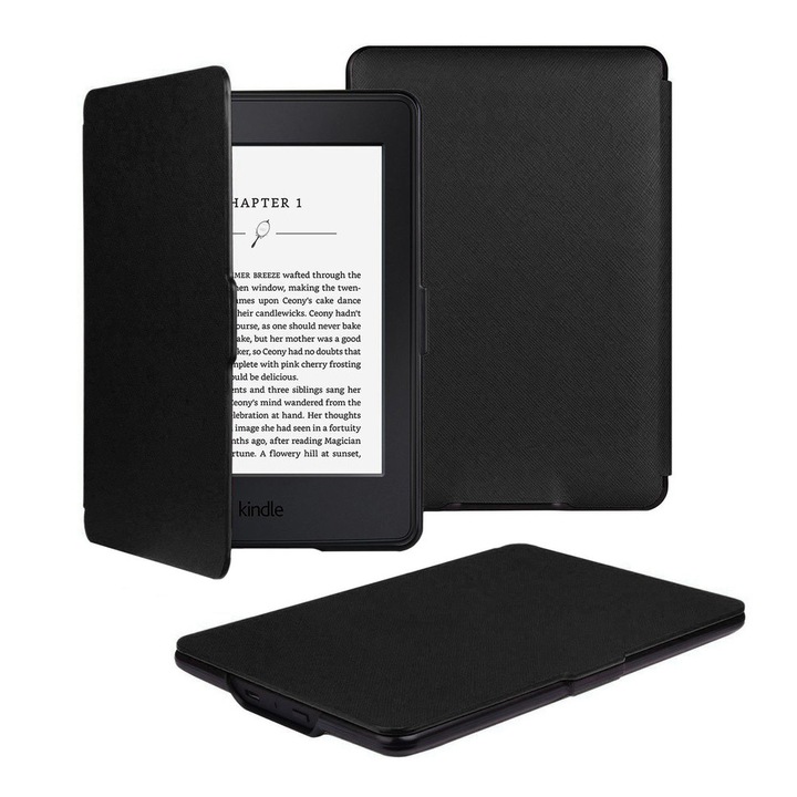 Etui Strap Case set pentru Kindle Paperwhite 1/2/3, ecologic, negru, functie de auto-activare si auto-odihnire