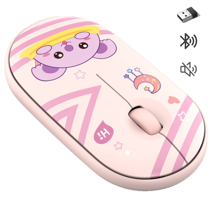 Vezeték nélküli egér, AYSTOAYS®, Csendes kattintás, Hordozható, Bluetooth 5.2 és 2.4G kettős üzemmódú, 1200 dpi, Ergonomikus, rózsaszín