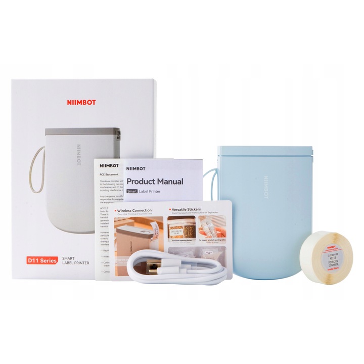 Imprimanta termica NIIMBOT D11H, 300 dpi, Bluetooth, compacta, albastra, set complet