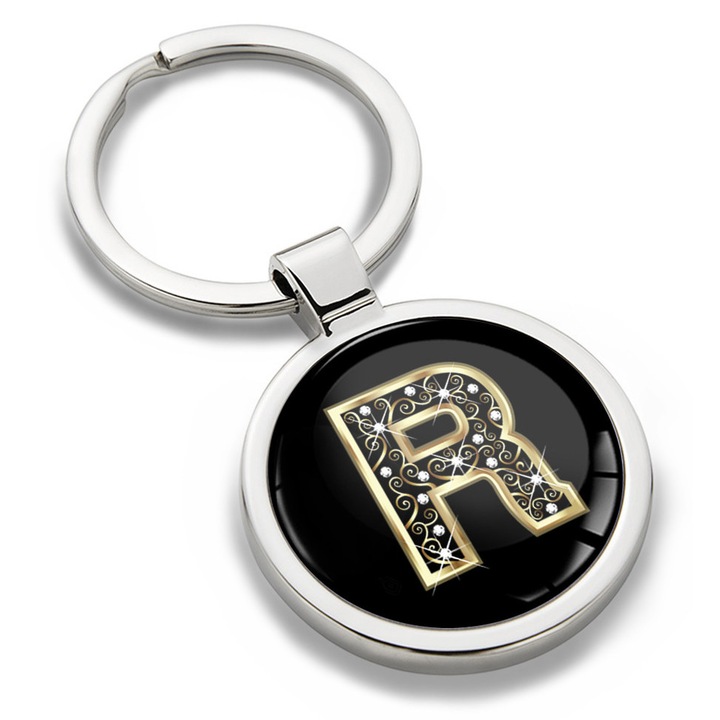 Breloc metalic cu cutie cadou, Biomar Labs, Litera R, AZ, unisex, 3D, Negru/Auriu, KK 70