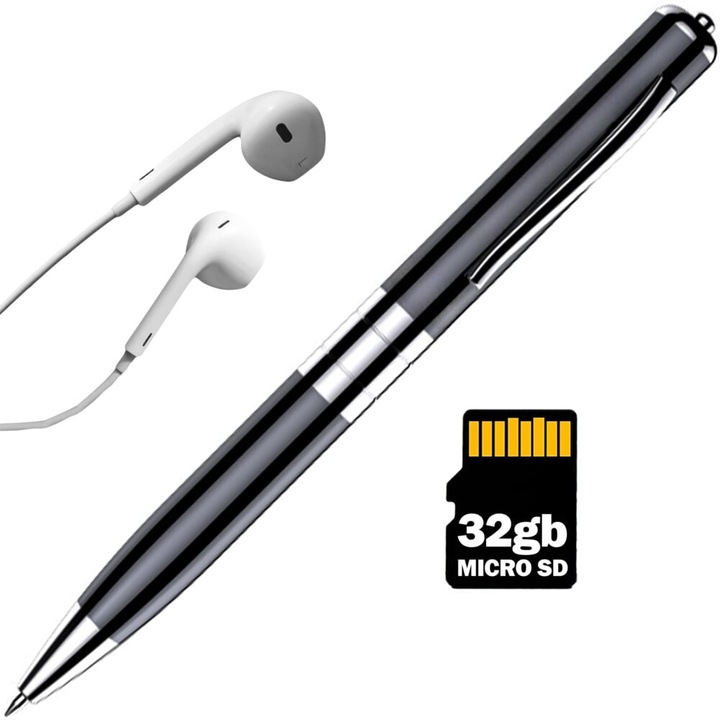 Reportofon spion integrat in pix, NewEvo®, memorie 32 Gb inclusa, Reducere a Zgomotului, dispozitiv spionaj ascuns cu activare vocala, pana la 400 ore stocare, Casti CADOU, Gri