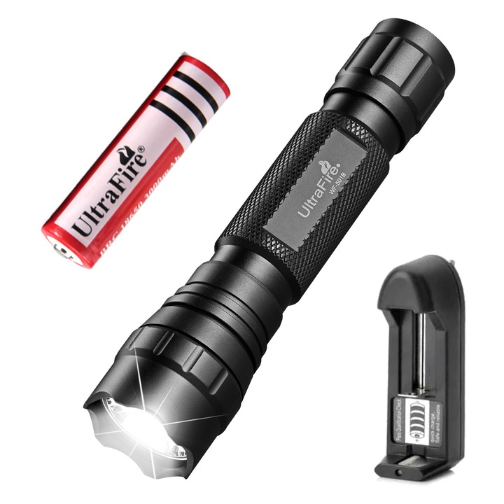 Фенер UltraFire WF-501B, 1000 лумена, алуминий, комплект с батерия 18650 и зарядно устройство