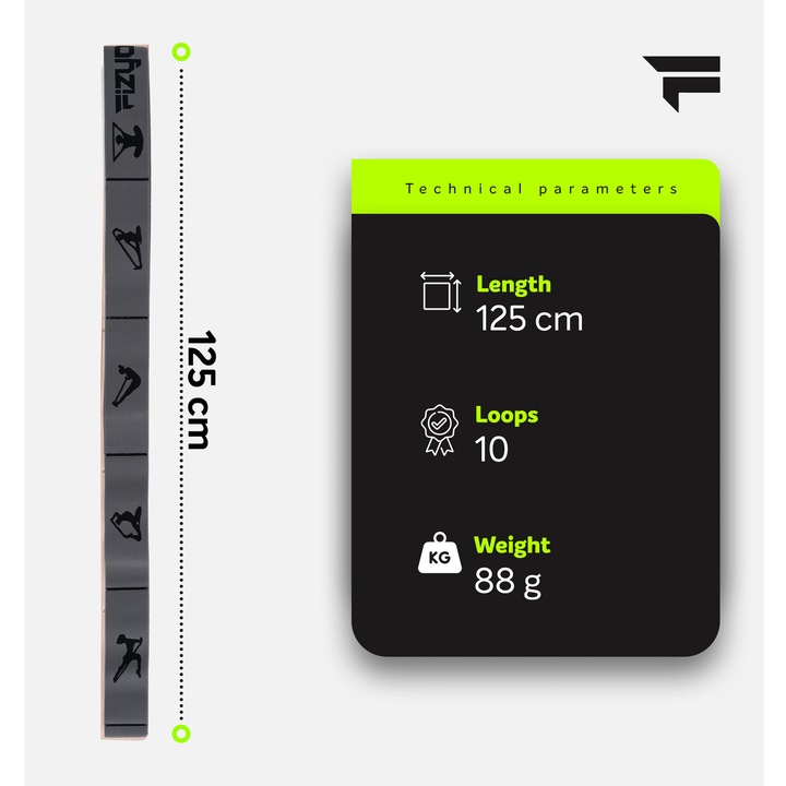 Ластична лента за йога Fizyo, 125 см, многофункционална, идеална за пилатес, разтягане, гъвкавост и възстановяване, лесна за носене, съпротивление, сива