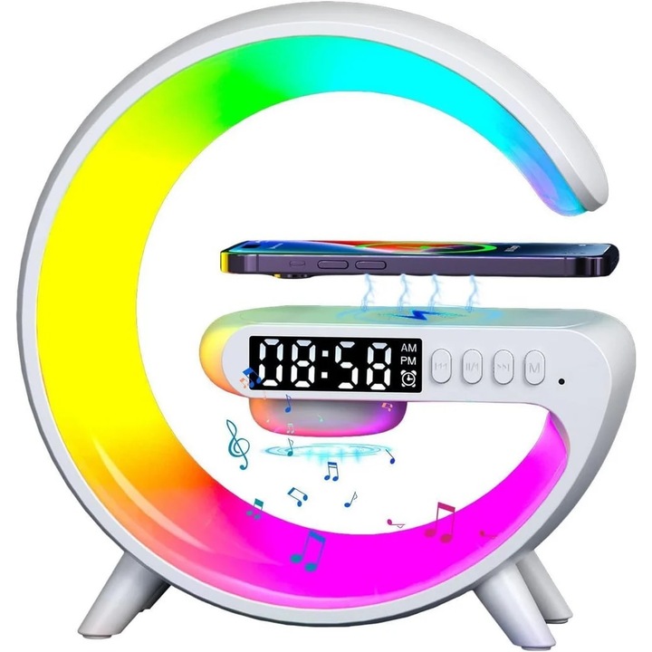 Lampa smart LED, cu functie de boxa si Incarcator Wireless rapid, cu lumini ambientale, sincronizare muzicala, Bluetooth, afisaj ceas digital, alarma, 7 tipuri de lumini colorate, alb