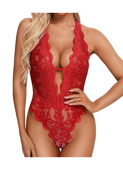 Csipkés body virágmintás kivágásokkal, TREXORA, piros, XL