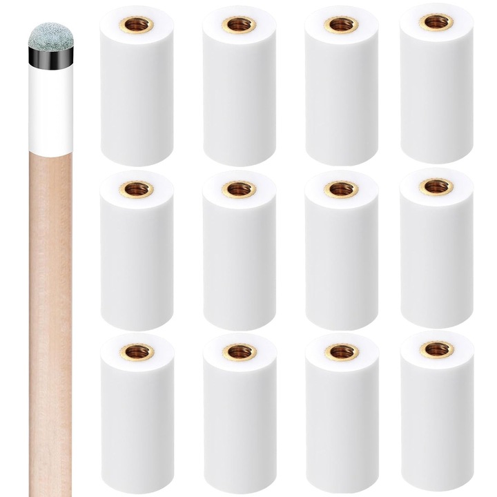 Set 12 varfuri tac de billard, Axroad Mall, Ferula pentru varf tac, Antiderapante, Rezistenta de lunga durata, Usor de instalat, Rezistente la uzura, Accesorii pentru repararea tacurilor, Plastic, 26x12 mm, Alb