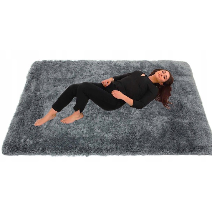 Covor, elSimone, 180 x 270 cm, 100% Poliester Super-Soft Mikrofibra, Aspect Decorativ, Universal, Pentru Diferite Tipuri De Interioare, Tip Fir Delicat, Moale, Pufos, Inaltime Fir 30 mm, Substrat 3D, Spate Antiderapant Cu Nodule De Cauciuc, Gri