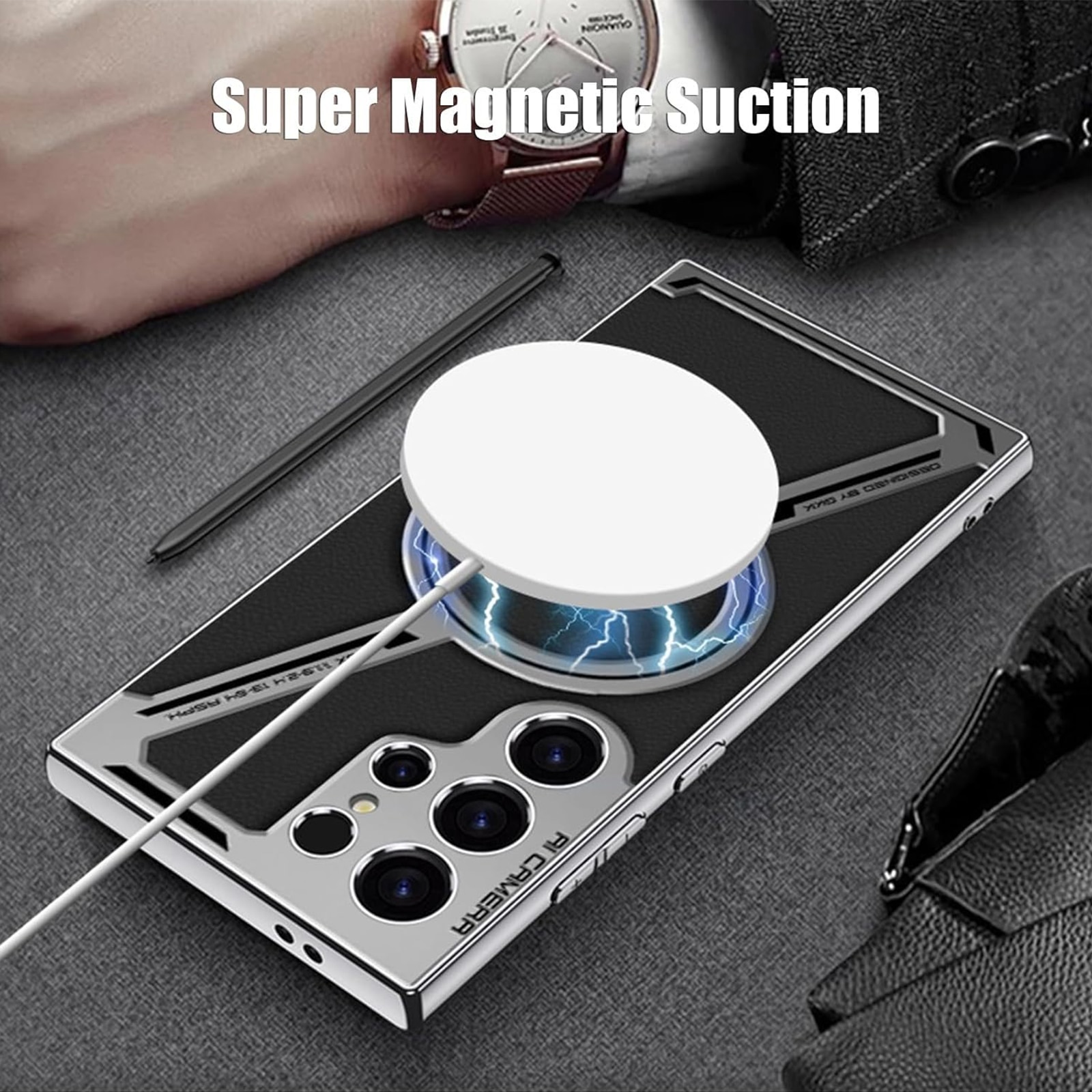 Carcasa pentru telefon TREXORA, Samsung Galaxy S25 Ultra, protectie completa, design din fibra de carbon electroplacata, neagra, compatibila cu incarcarea wireless