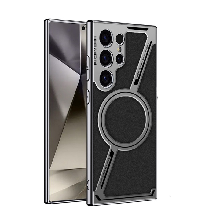 Carcasa pentru telefon TREXORA, Samsung Galaxy S25 Ultra, protectie completa, design din fibra de carbon electroplacata, neagra, compatibila cu incarcarea wireless