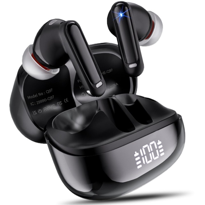 Bluetooth fejhallgató, Bluetooth 5.4 vezeték nélküli fülhallgató 4 Enc zajszűrő mikrofonnal, mély basszus 48 órás HiFi lejátszással, vízálló IP7, LED kijelzővel, munkahelyi, játékhoz