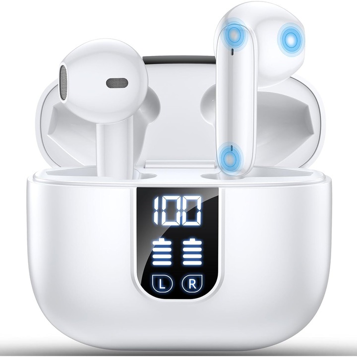 Vezeték nélküli Bluetooth 5.4 fejhallgató, Fülbe helyezhető, 6 mikrofonnal, ENC zajszűrés, Új 2025-ös surround hangzás, Könnyű/35 óra lejátszási idő/Ip7 vízállóság/LED kijelző, mindennapi használatra