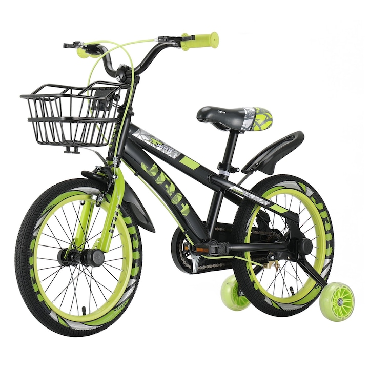 Детски велосипед 7-10 години Kids BMX Astro X JRH, 20" колела, предни V-Brake спирачки, заден барабан, широки MTB гуми, помощни колела, зелен с черно
