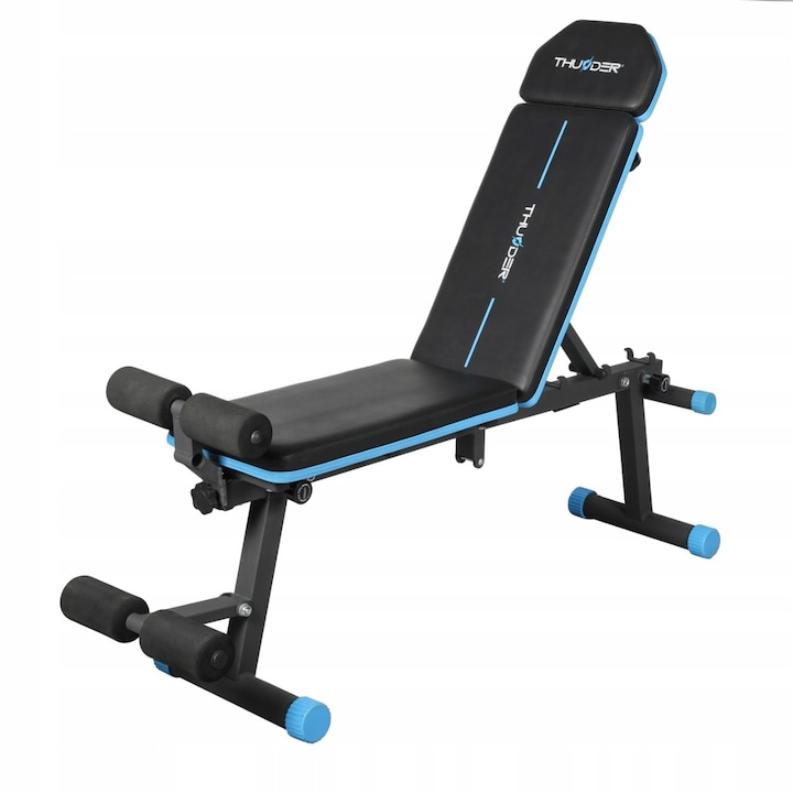 Banca de exercitii Thunder Woxic, oblic, spatar reglabil, antrenamentul burta, pliabila, maxima suportata 150 kg, Negru/Albastru