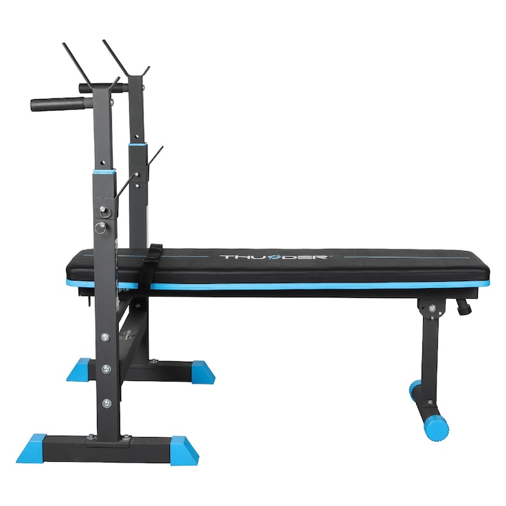 Banca de exercitii barbell Thunder Monet, antrenamentul burta, bratelor, pliabila, manere antiderapante, maxima suportata 280 kg, Negru/Albastru
