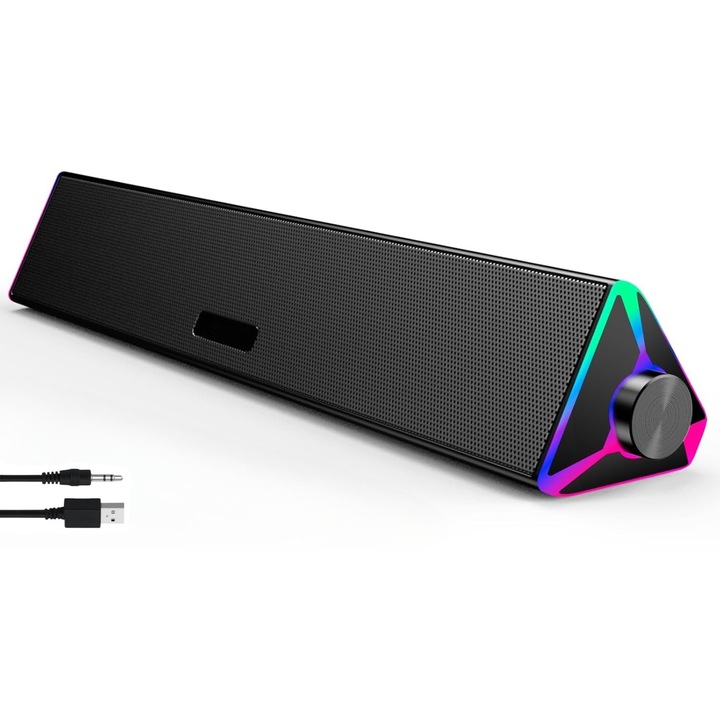 Sztereó soundbar, RGB módok, 3,5 mm-es jack, USB, fekete