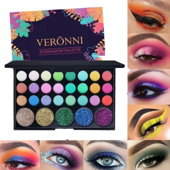 Szemhéjfesték paletta, CRM, 29 matt és csillogó szín, csillámporral, professzionális smink, tartós, többszínű