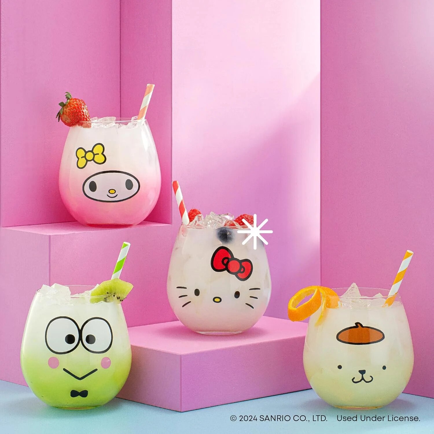 Set de 4 pahare Hello Kitty, 15 oz, sticla fara plumb, design