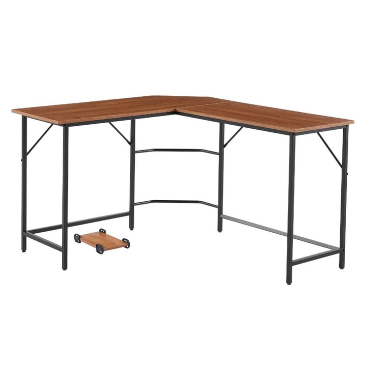 Birou de colt cu cadru metalic negru si blat din MDF melaminat, 15 mm grosime, maro stejar, 128x117x75 cm, Nordic Edge Haro