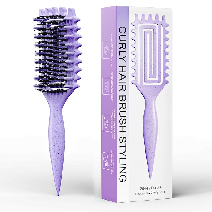 Perie Definitorie Bucle DUAIU, cu Dinti Laterali - Par Cret Natural, Usoara, pentru Coafat Udat/Uscat, Fara Electrizare - Ideala Femei & Barbati - Violet