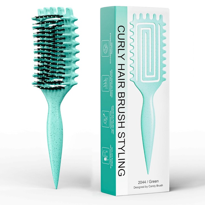 Perie Definitorie Bucle DUAIU, cu Dinti Laterali - Par Cret Natural, Usoara, pentru Coafat Udat/Uscat, Fara Electrizare - Ideala Femei & Barbati - Verde