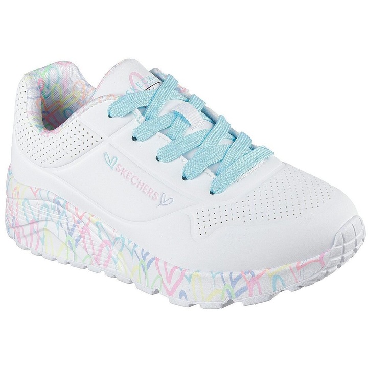 Skechers, Uno Lite - Lovely Luv műbőr sneaker, Fehér/Világoskék