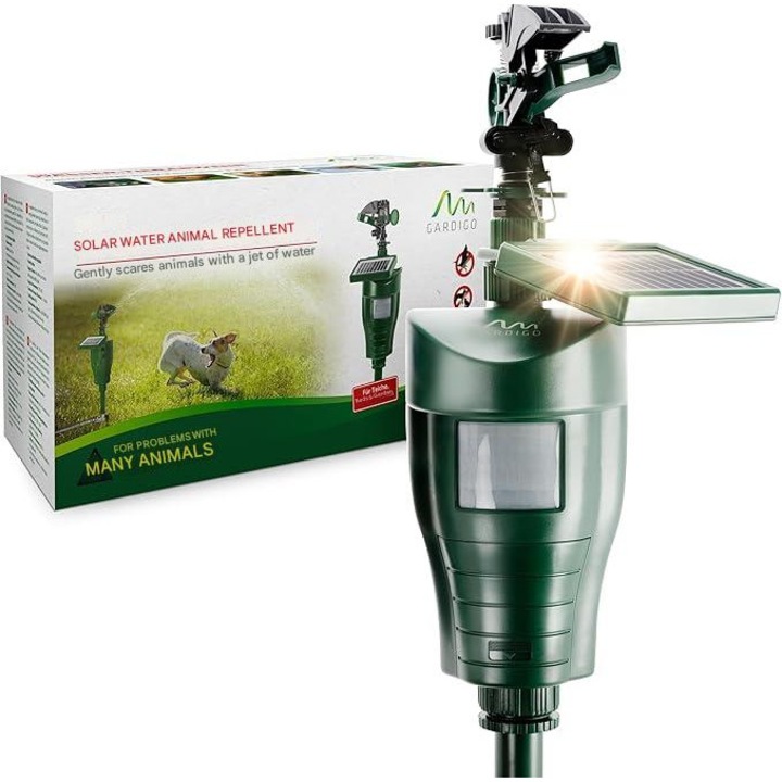 Repelent aparat solar cu jet de apa pentru animale, pasari, pisici, caini, senzor de miscare PIR, raza de actiune reglabila pana la 10 m, dispozitiv cu energie solara de indepartare a animalelor pentru protejarea straturilor de apa sau iazul si gradina