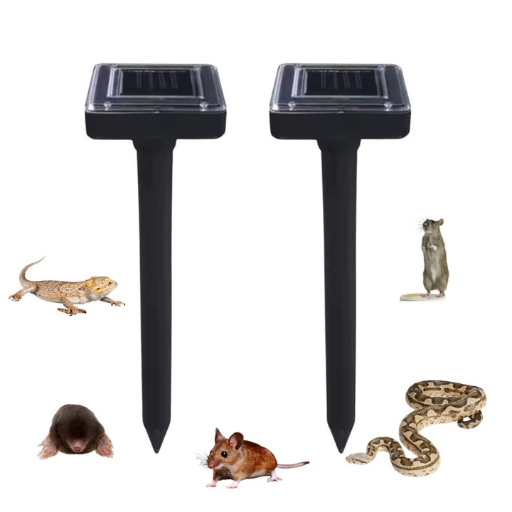 Set 2 Aparate Ultrasunete Anti-Daunatori Si Anti-Soareci, CLAUSTEEL®, Aparat Anti Soareci Cu Ultrasunete Si Vibratii Subterane 2in1, Acoperire 650 m², Raza 360°, Anti Rozatoare Si Daunatori Exterior, Panou Solar, Gradina, Negru