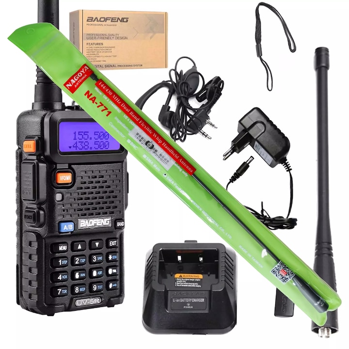 Set radiotelefon Baofeng UV-5R 5W cu antena Nagoya NA-771 39cm, dual band, 2m si 70cm