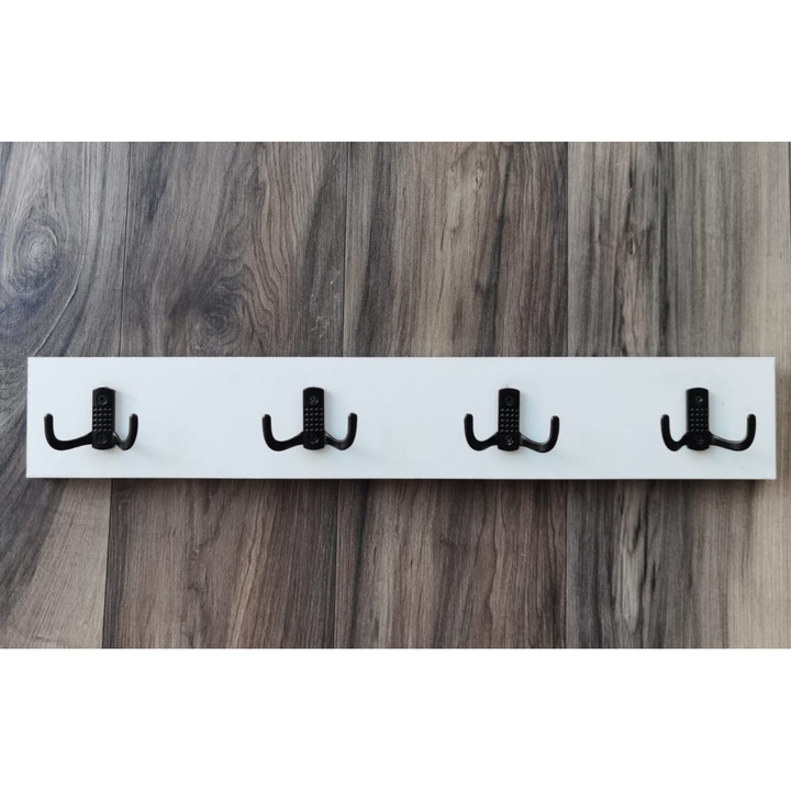 Cuier de perete @Mobleto, 4 agatatori rezistente din metal, cuier alb, cuier agatatori, Pal 18 mm, gata instalat, cuier hol