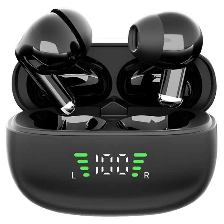 Casti Wireless Bluetooth 5.3 Fara Fir ELMOSMART® SP9X In-Ear, HiFi Stereo, Bass Puternic, Anulare Zgomot, Microfon HD, Difuzoare 13mm, Control Tactil, Display LED, Autonomie 8h, Rezistenta la apa IPX4, Compatibil Android/iOS, Sport, Gaming, Negru