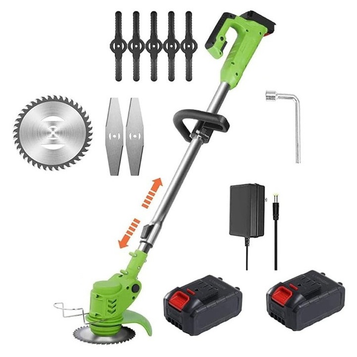 Motocoasa Electrica Cu Acumulator 24V, Brat Ajustabil, 2 Lame, 2 Acumulatori, 1 Disc Pentru Taiere, 18000 RPM, 2-4 Ore Autonomie, Verde, HAPPY JOKER®