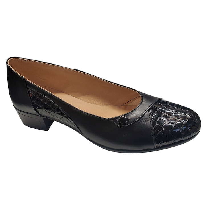 Pantofi Dama Negri Din Piele Naturala Cu Toc Mic De 3, 5cm, Interior Dublat, Talpa Subtire, Produs Romanesc, Negru